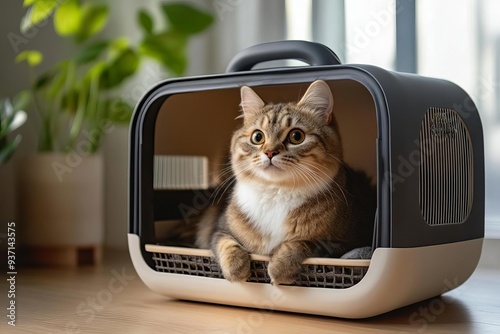 A cat sitting inside a modern pet carrier with a travel setting in the background, neutral tones, sleek design, soft lighting, indoor setting