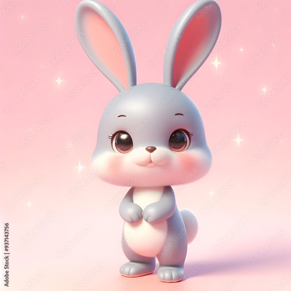 Fototapeta premium Cute Cartoon Bunny Rabbit D Render Pink Background