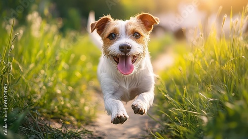 A dog running through tall grass with its tongue out, chasing after a frisbee, vibrant colors, natural light, playful mood, outdoor setting