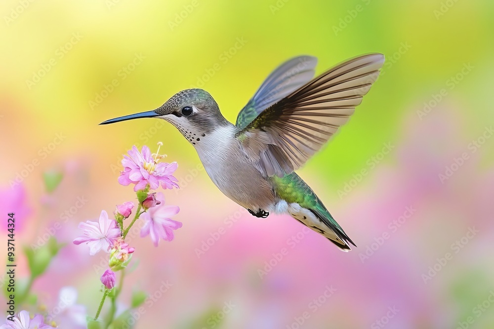 Fototapeta premium A hummingbird hovering in place, wings a blur, while sipping nectar from a flower, sharp focus on the bird, bright colors, natural light, closeup shot
