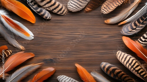 Boho feathers, intricate patterns, earthy tones, detailed design, rustic background
