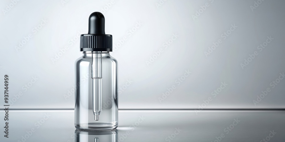 Clear glass dropper bottle with black pipette cap on a smooth surface, perfect for essential oils or liquid samples, glass, dropper