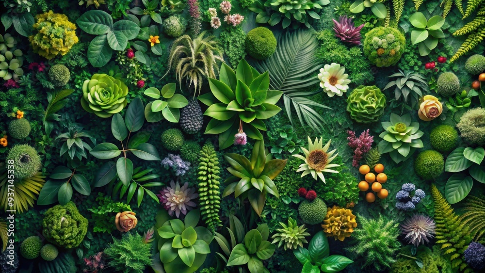 Fototapeta premium Lush green wallpaper featuring an array of peculiar flowers and plants, green, wallpaper, plants, flowers, nature, unique