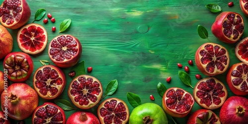 Green background with assorted sliced pomegranates wallpaper , green, background, assorted, slices, pomegranates, wallpaper photo