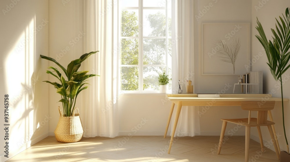 Fototapeta premium Minimalist study table placed near a child's bedroom window, featuring a simple yet elegant design in a bright, airy space.