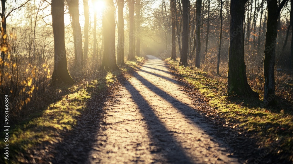 Fototapeta premium Morning sun casting long shadows on a quiet path, with ample copy space.