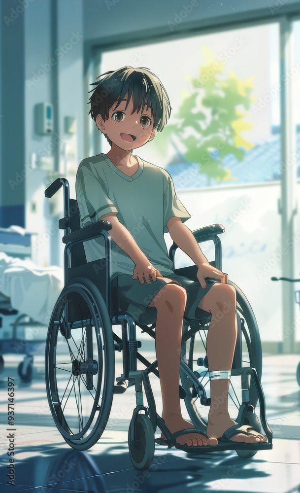 Obraz premium A cheerful boy in a wheelchair smiles warmly, basking in sunlight streaming through a hospital window