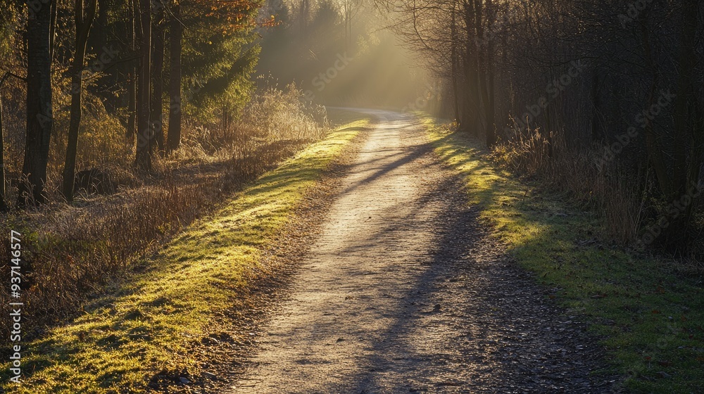 Obraz premium Morning sun casting long shadows on a quiet path, with ample copy space.