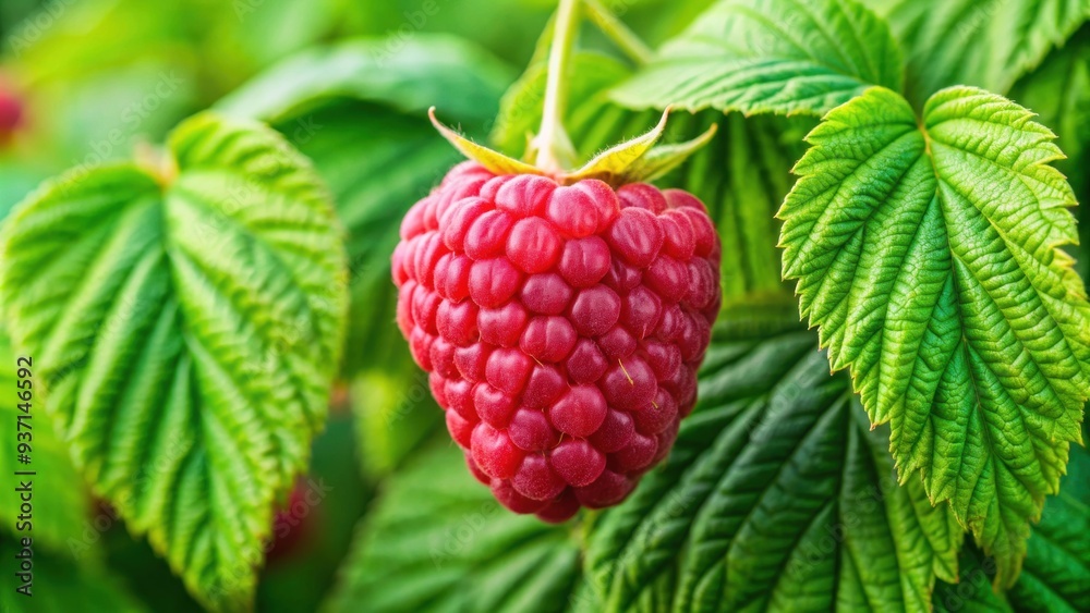 Close-up photo of a ripe raspberry surrounded by green leaves , Fresh, ripe, juicy, fruit, red, raspberry, plant, leaves Close-up photo of a ripe raspberry surrounded by green leaves , Fresh, ripe, juicy, fruit, red, raspberry, plant, leaves