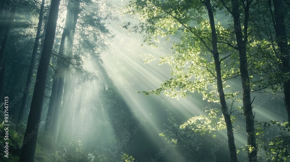 Obraz premium Morning sunlight streaming through forest trees with soft rays, leaving space for copy.