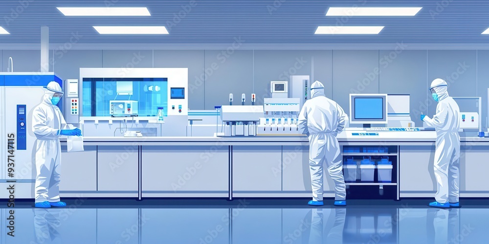 A clean, modern laboratory setting with scientists working in protective gear, equipped with advanced scientific equipment A clean, modern laboratory setting with scientists working in protective gear, equipped with advanced scientific equipment