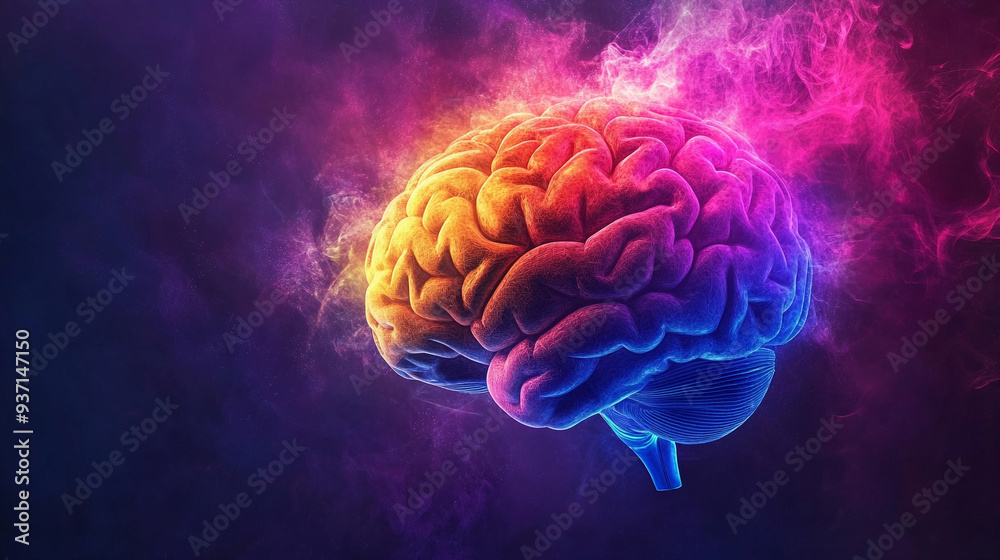 3D brain radiating rainbow colors, symbolizing cognitive energy and creativity. The vibrant hues represent enlightenment and the power of intellect 3D brain radiating rainbow colors, symbolizing cognitive energy and creativity. The vibrant hues represent enlightenment and the power of intellect