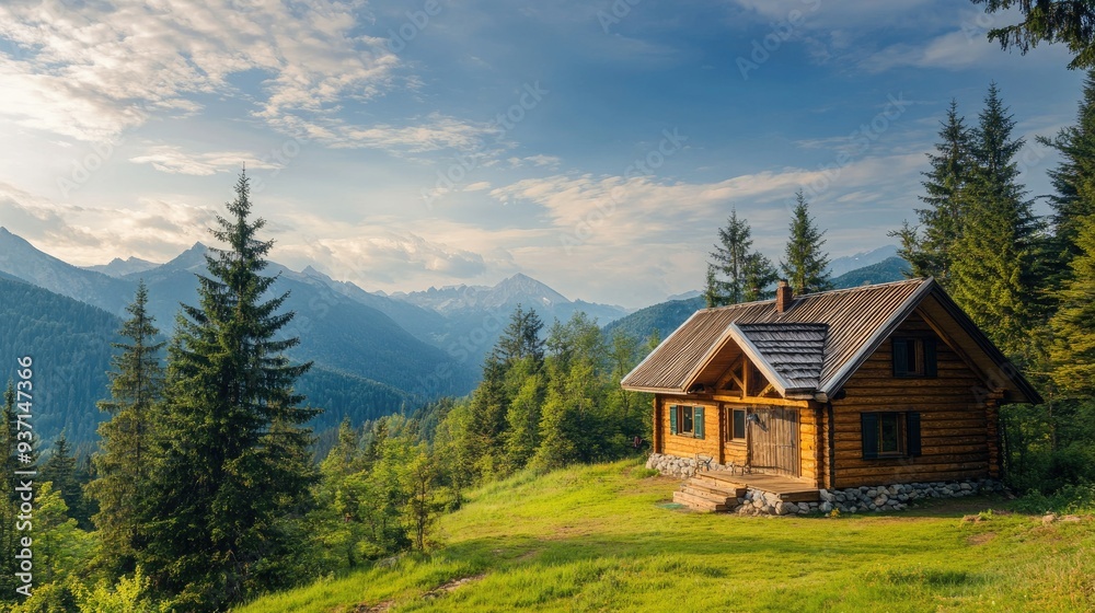 Mountain cabin with breathtaking views, with space for text. Mountain cabin with breathtaking views, with space for text.