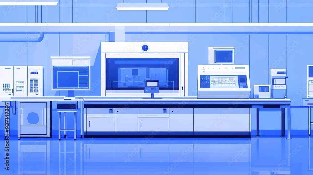 A modern laboratory interior showcasing advanced technology and equipment in a clean, organized space with blue tones
