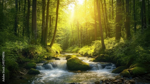 Peaceful stream flowing through a dense forest, with space for copy.