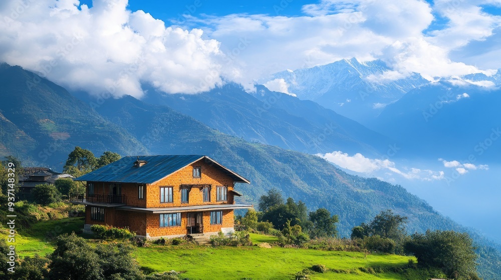 Fototapeta premium Picturesque house in the South Asian mountains, with ample copy space.