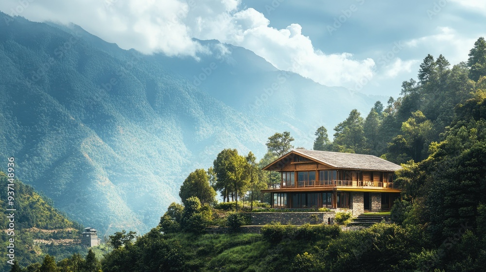 Secluded house nestled in the South Asian mountains, with ample copy space.