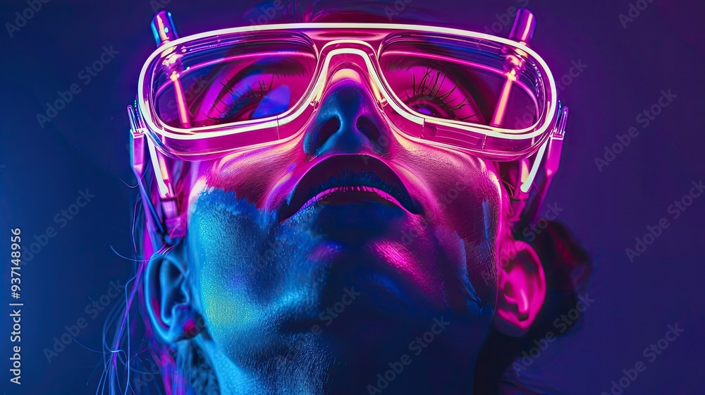 futuristic neon light Stressed and desperate businessman watching stock market crash futuristic neon light Stressed and desperate businessman watching stock market crash