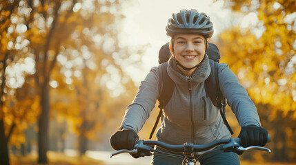 Woman riding a bicycle in autumn park