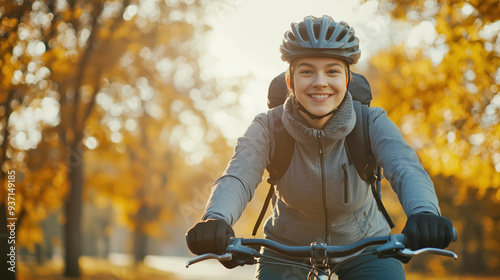 Woman riding a bicycle in autumn park photo