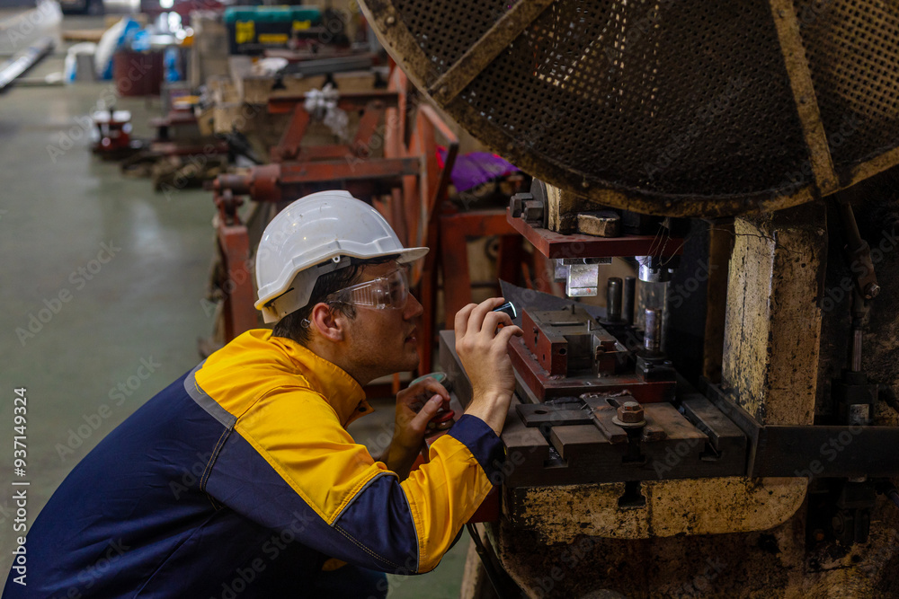 Male mechanical or metallic engineer is using a torch light to check a welding machine for maintenance and quality control. Expert is inspecting or repairing an automatic machine in a metallic factory