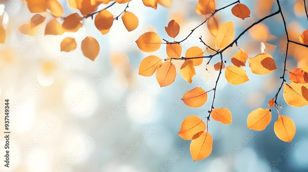 Autumn Branch Foliage: Sunlit Blurred Leaves on Blue Sky, Banner Template for Nature Design Autumn Branch Foliage: Sunlit Blurred Leaves on Blue Sky, Banner Template for Nature Design