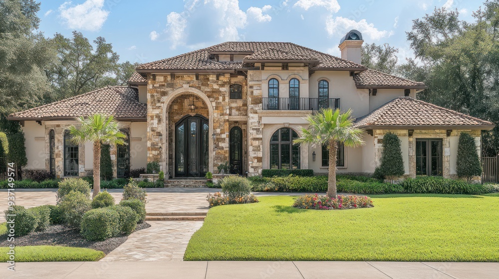 Fototapeta premium A luxurious Mediterranean-style home with a stone facade, terracotta roof, and lush landscaping.
