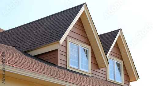 A close up of a brown house with a dormer window and white trim against a blue sky.