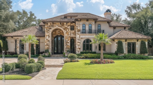 A luxurious Mediterranean-style home with a stone facade, terracotta roof, and lush landscaping.