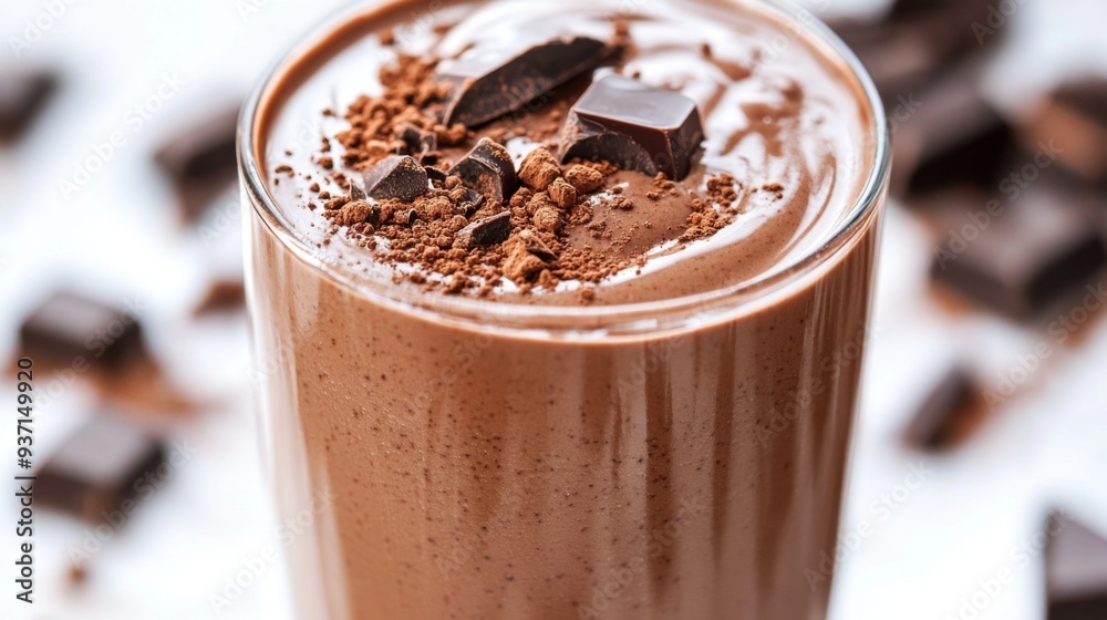 A close-up of a chocolate protein smoothie, highlighting the smooth, rich texture with a drizzle of chocolate sauce and a sprinkle of cocoa powder. A close-up of a chocolate protein smoothie, highlighting the smooth, rich texture with a drizzle of chocolate sauce and a sprinkle of cocoa powder.