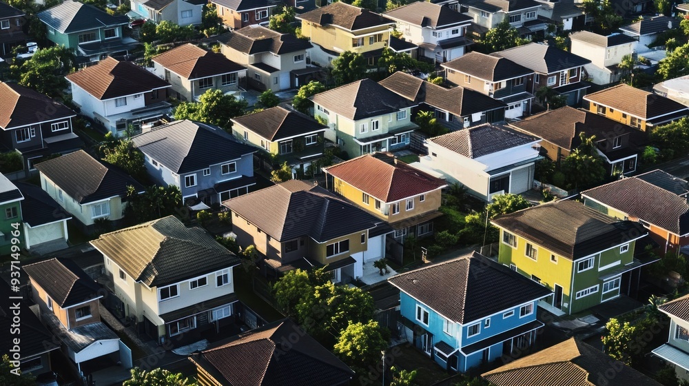 Aerial view of a suburban neighborhood with houses, yards, and trees. Aerial view of a suburban neighborhood with houses, yards, and trees.