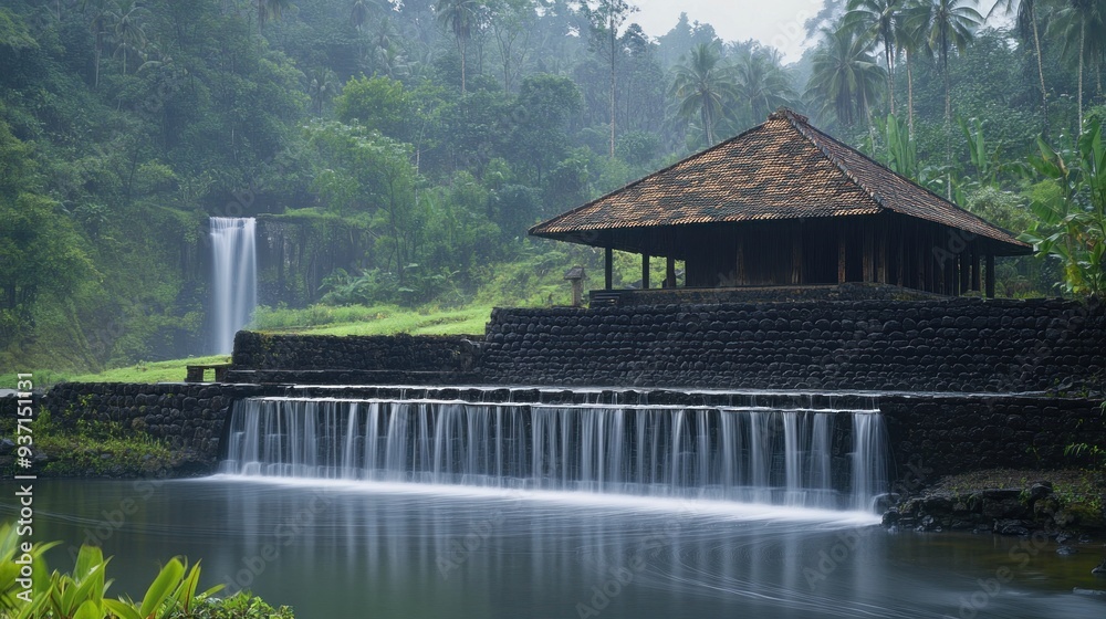Fototapeta premium A traditional Indonesian house overlooking a small waterfall in a lush jungle.