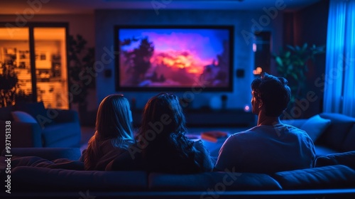 13080656 267 Family using smart home entertainment system, cozy media room, home theater magazine aesthetic, deep blues and blacks, curved screen and seating visible, immersive ambient lighting 