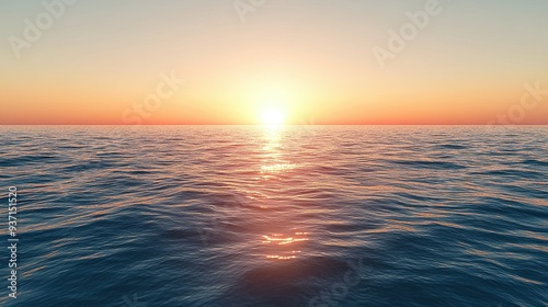 Sun dipping below the horizon over a vast ocean, with ample copy space.