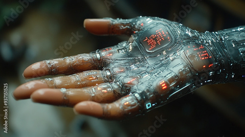 human hand morphing into a digital hand symbolizes the fusion of technology and humanity, showcasing the transition from physical to digital interaction photo