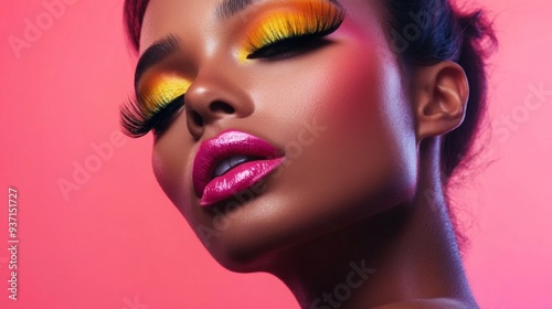 A close-up of a woman with a bold, colorful makeup look, featuring vibrant eyeshadow, dramatic lashes, and a matching lipstick.