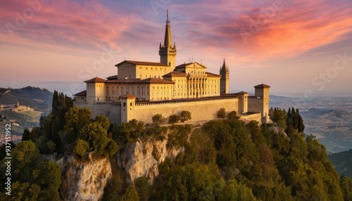  Elegant castle perched atop a cliff basking in the glow of a sunset
