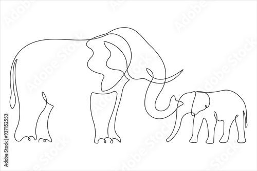 Continuous single one line drawing of baby elephant and mom wildlife animal outline vector illustration

