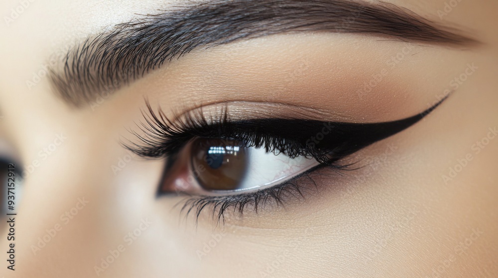 A detailed shot of a woman's eye, showcasing perfectly applied eyeliner and long, voluminous lashes, with a subtle hint of eyeshadow. A detailed shot of a woman's eye, showcasing perfectly applied eyeliner and long, voluminous lashes, with a subtle hint of eyeshadow.