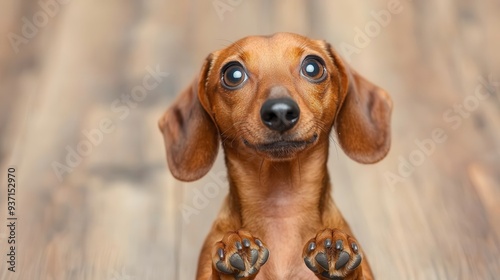 Adorable Dachshund Puppy with Big Eyes and Paws Up.