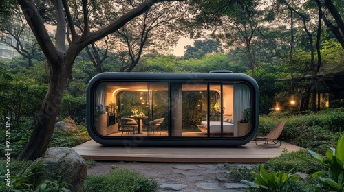 Modern cabin with large windows overlooking lush green trees.