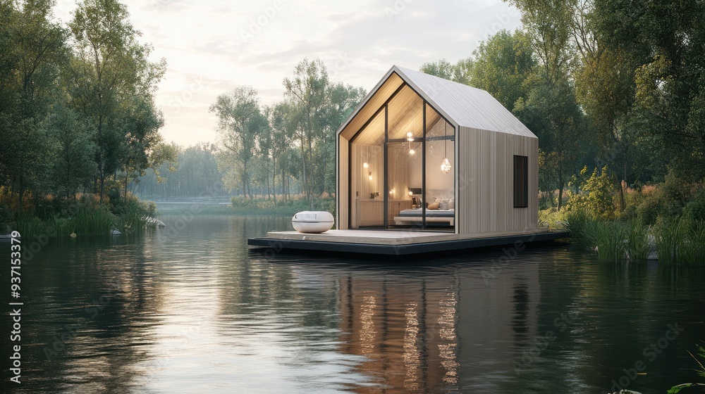Obraz premium Modern wooden cabin floating on a lake with a view of the forest.