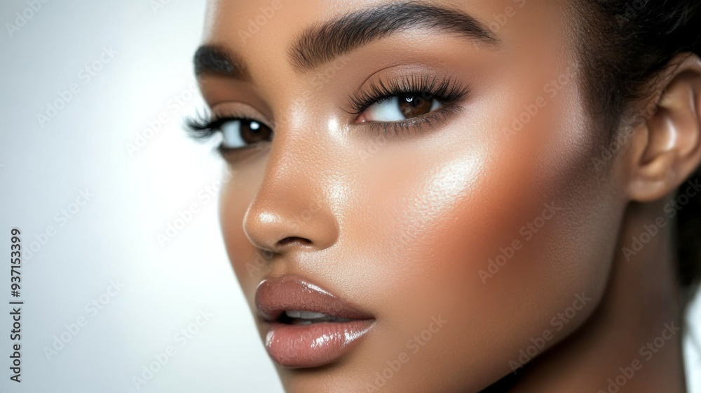 A detailed view of a woman's face with flawless makeup, focusing on her contoured nose, highlighted cheekbones, and glossy lips. A detailed view of a woman's face with flawless makeup, focusing on her contoured nose, highlighted cheekbones, and glossy lips.