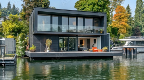 Modern houseboat with large windows and a patio on the water. photo