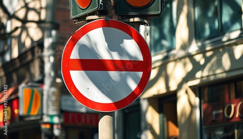 A traffic sign that prohibits left turns, with city streets and shops in the background. photo