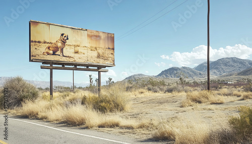 Abandoned old shoddy billboard in the high desert, with a lost dog