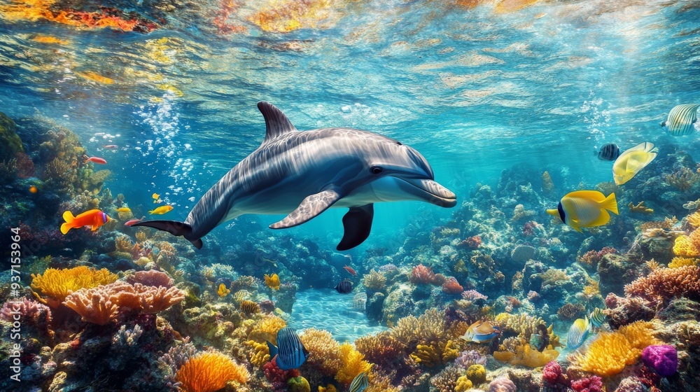 Obraz premium A dolphin swimming gracefully underwater, surrounded by a school of colorful fish in a crystal-clear ocean.