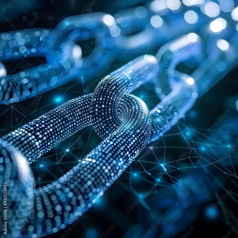 A digital visualization of blockchain chains interconnected, symbolizing secure data transactions, transparency, and the integrity of digital information. A digital visualization of blockchain chains interconnected, symbolizing secure data transactions, transparency, and the integrity of digital information.