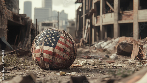 A weathered basketball lies abandoned amidst crumbling ruins in a desolate urban landscape under a cloudy sky