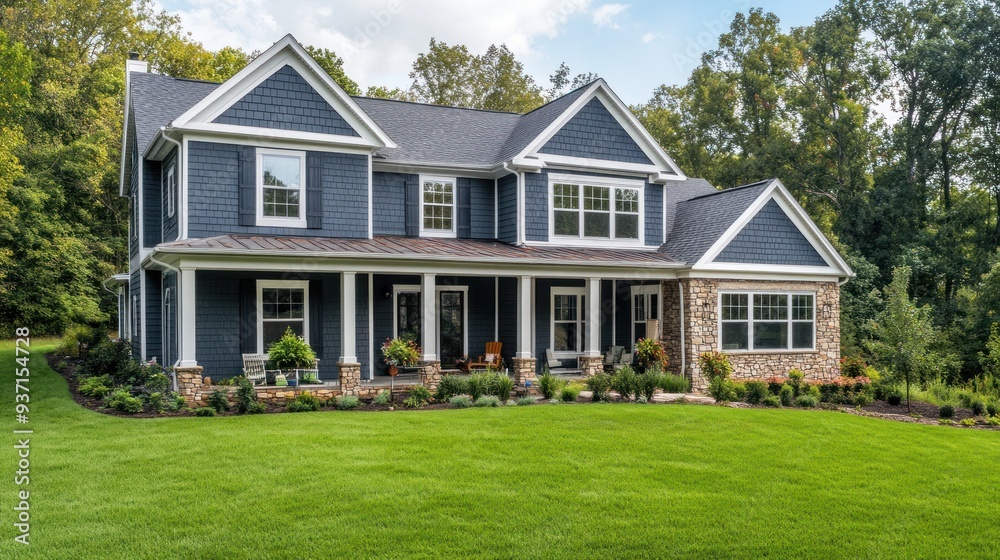 Blue and white two-story home with a stone and wood porch and a lush green lawn. Blue and white two-story home with a stone and wood porch and a lush green lawn.